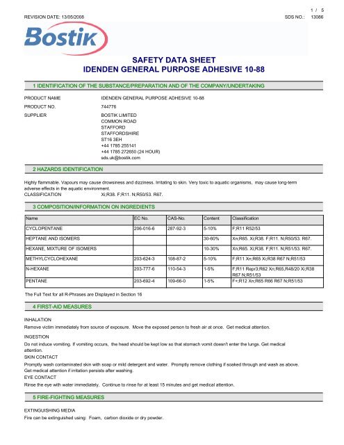 Safety Data Sheet Idenden General Purpose Adhesive 10 88