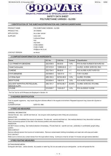 safety data sheet polyurethane varnish - gloss - Flint Hire & Supply