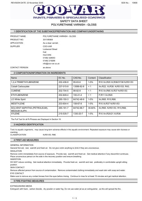 safety data sheet polyurethane varnish - gloss - Flint Hire & Supply