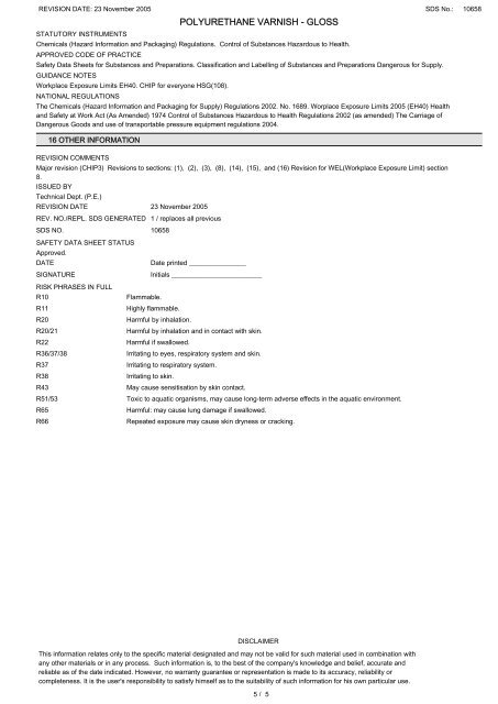 safety data sheet polyurethane varnish - gloss - Flint Hire & Supply