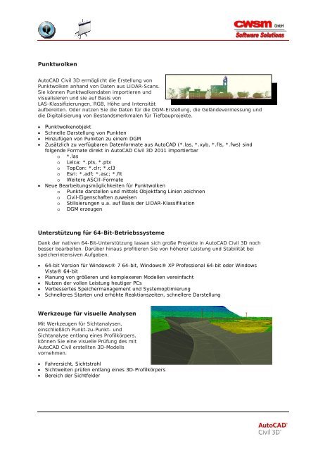 Autocad Civil 3D 2011 Neue Funktionen im ... - CWSM Gmbh