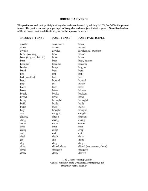 IRREGULAR VERBS - University of Central Missouri