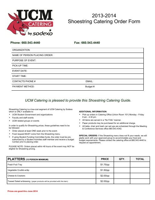 2012-2013 Shoestring Catering Order Form