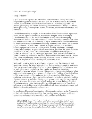 Three "Satisfactory" Essays Essay #7 Score: 4 Clyde Kluckholn ...