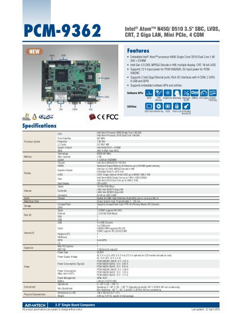 Features PCM-9362 Intel® Atom™ N450/ D510 3.5&quot; SBC, LVDS ...
