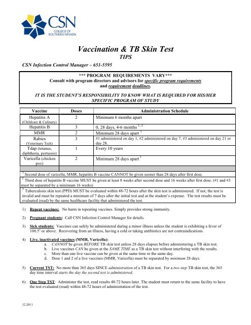 Vaccination & TB Skin Test - College of Southern Nevada