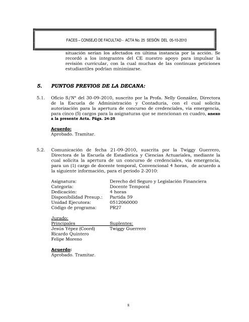 CONSEJO DE FACULTAD - ACTA No. 25 SESIÃN DEL 05-10-2010 1