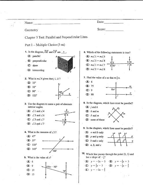 Chapter 3 Test: Parallel and Perpendicular Lines