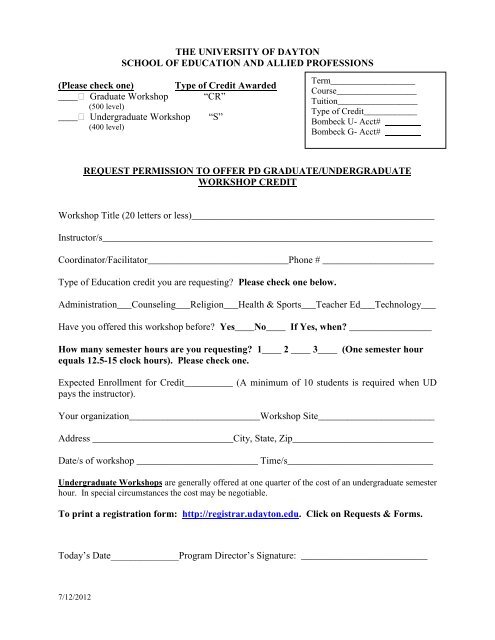 For Office Use Only - University of Dayton