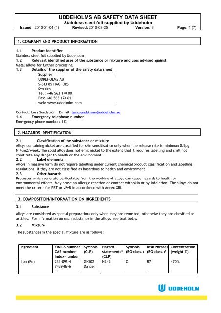 MSDS Stainless steel foil supplied by Uddeholm