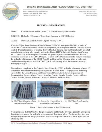 UDFCD Street Inlet Capacity Technical Memorandum - Urban ...