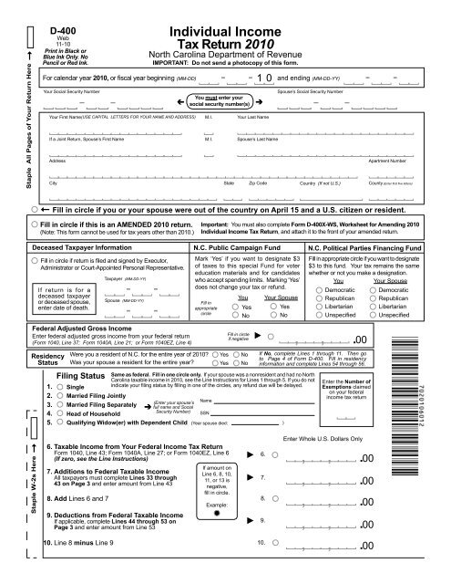 Individual Income Tax Return 2010 Nc Department Of Revenue
