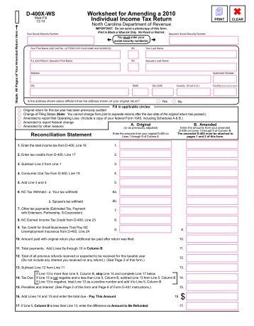 Worksheet for Amending a 2010 Individual Income Tax Return