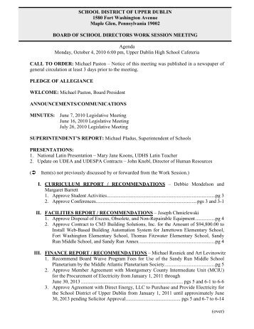 Tentative Agenda â October 15, 2001 - Upper Dublin School District