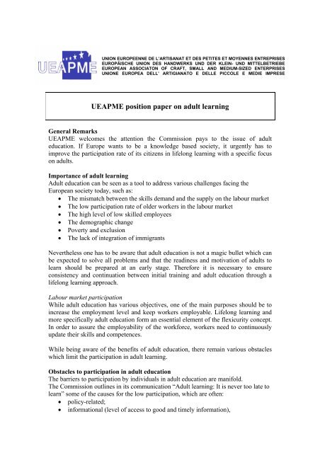 Ueapme Position Paper On Adult Learning