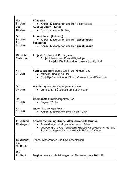 Halbjahresplanung Krippe, Kindergarten und Hort Ãbelbach