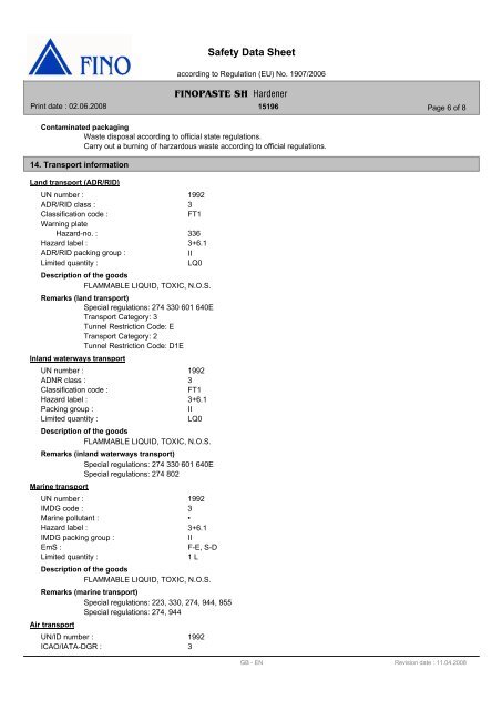 Safety Data Sheet Hardener - FINO