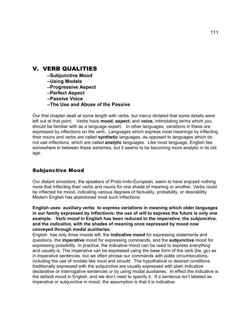 V. VERB QUALITIES - UW-Parkside: Help for Personal Homepages