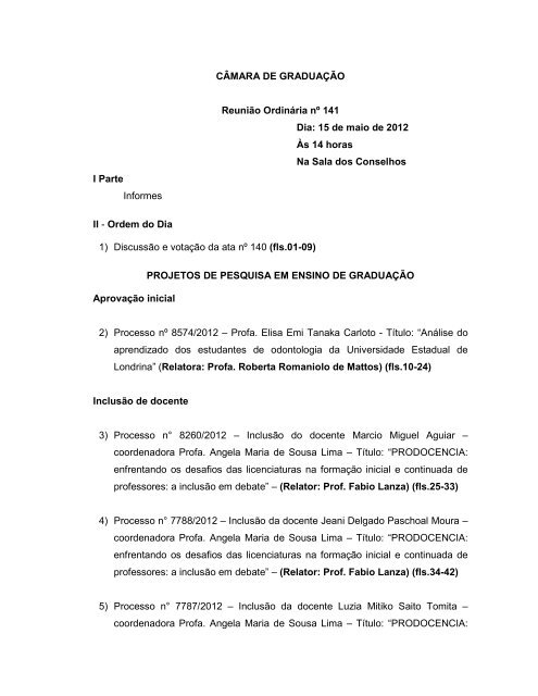 Pauta da ReuniÃ£o nÂº 141 - Universidade Estadual de Londrina