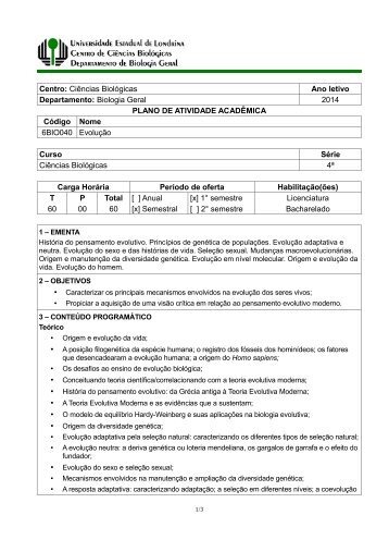 Centro: CiÃªncias BiolÃ³gicas Ano letivo Departamento: Biologia ...