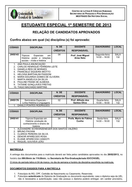 estudante especial 1Âº semestre de 2013 relaÃ§Ã£o de candidatos ...