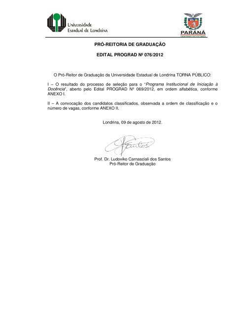 Edital 076/2012 - Resultado do processo de seleÃ§Ã£o para o