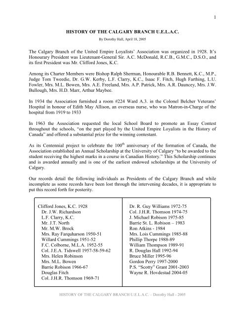 History Of The Calgary Branch U E L A C For United Empire Loyalists