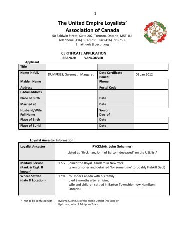 certificate application - for United Empire Loyalists