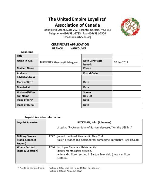 certificate application - for United Empire Loyalists