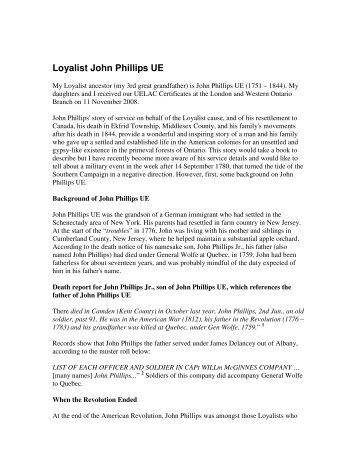 Loyalist John Phillips UE - for United Empire Loyalists