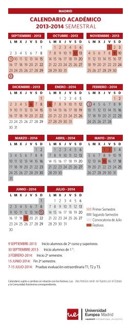 Calendario Del Curso 2013 14 Universidad Europea De Madrid universidad europea de madrid calendario académico