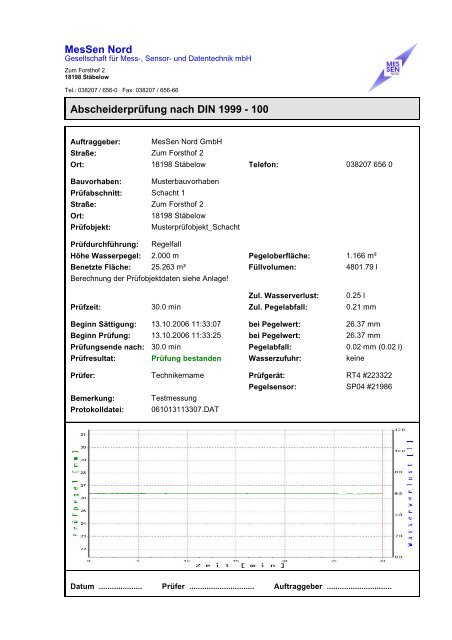 Musterprotokoll Abscheiderprüfung nach DIN 1999-100