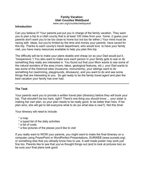 Family Vacation Utah Counties Webquest Introduction Can You Family Vacation Utah Counties Webquest Introduction Can You