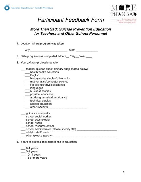 Participant Feedback Form More Than Sad Suicide Prevention