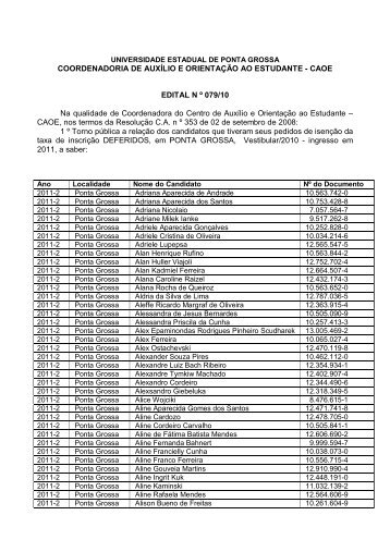 Editais - Isenção 2010-2 - Universidade Estadual de Ponta Grossa