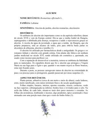 ALECRIM NOME BOTÂNICO: Rosmarinus officinalis L. FAMÍLIA ...