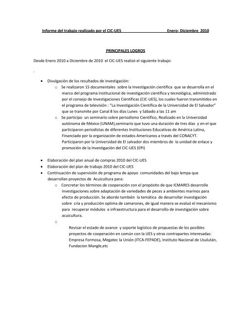 Informe del trabajo realizado por el CIC-UES Enero- Diciembre ...