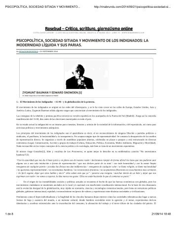 PSICOPOLÍTICA, SOCIEDAD SITIADA Y MOVIMIENTO DE LOS INDIGNADOS: LA MODERNIDAD LÍQUIDA Y SUS PARIAS.. Dr. Adolfo Vásquez Rocca