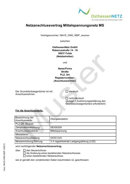 Netzanschlussvertrag Mittelspannungsnetz MS - ÜWAG Netz GmbH