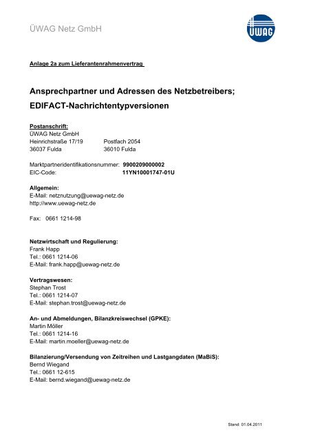 Anlage 2a: Adressen und Ansprechpartner des ... - Ãwag Netz GmbH