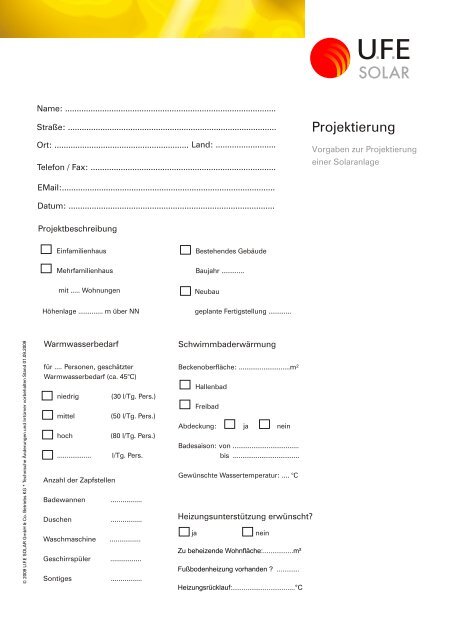 Planungsbogen Solarthermie - UFE Solar