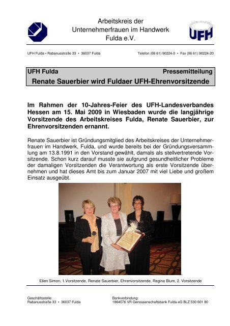 Renate Sauerbier wird Ehrenvorsitzende - Ufh-fulda.de