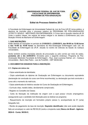 Edital do Processo Seletivo 2013 de Mestrado em Enfermagem