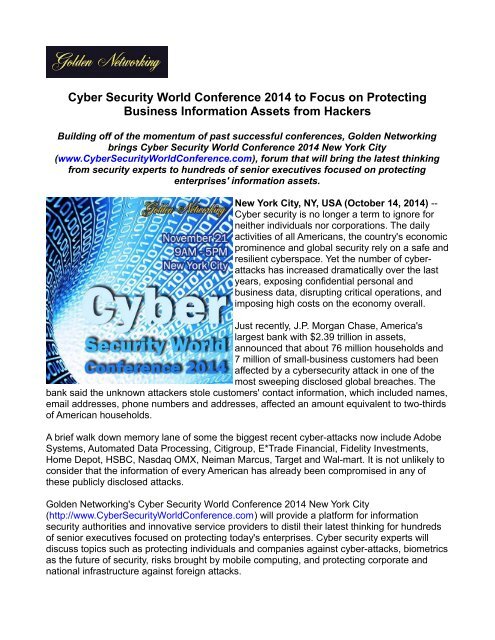 Cyber Security World Conference 2014 to Focus on Protecting Business Information Assets from Hackers