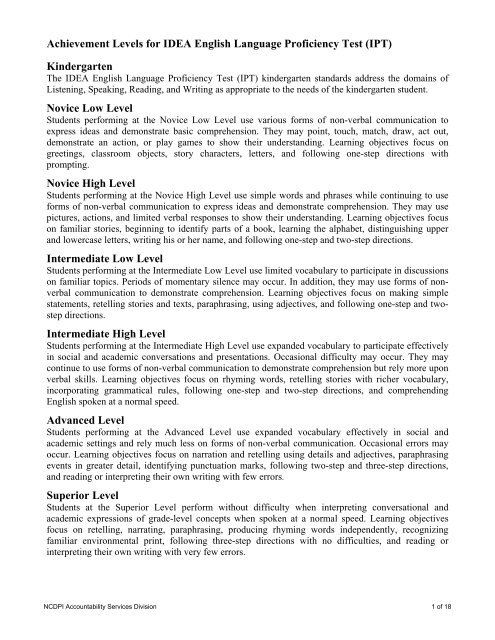 Achievement Levels for IDEA English Language Proficiency Test (IPT)