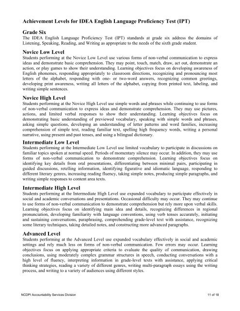 Achievement Levels for IDEA English Language Proficiency Test (IPT)