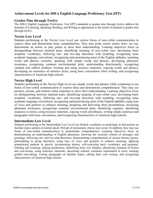 Achievement Levels for IDEA English Language Proficiency Test (IPT)