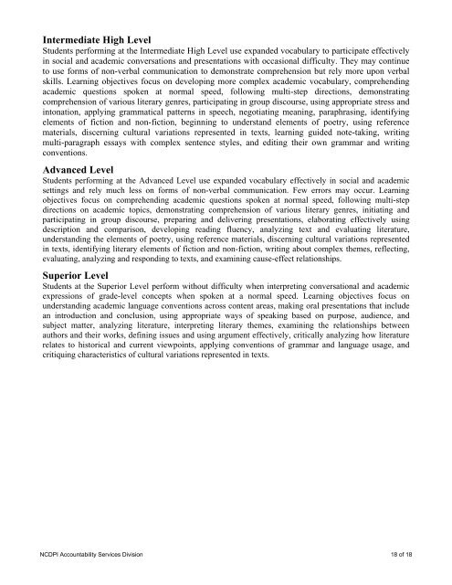 Achievement Levels for IDEA English Language Proficiency Test (IPT)