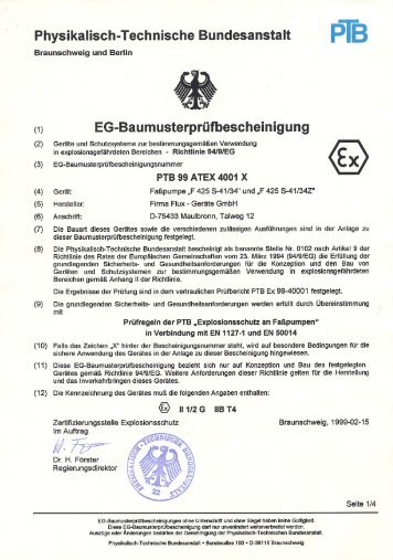 Eg-Baumusterprüfbescheinigung PTB 99 ATEX ... - Flux Geräte Gmbh