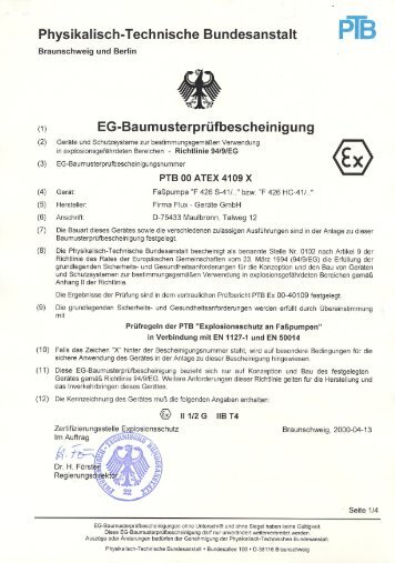 Eg-Baumusterprüfbescheinigung PTB 00 ATEX ... - Flux Geräte Gmbh